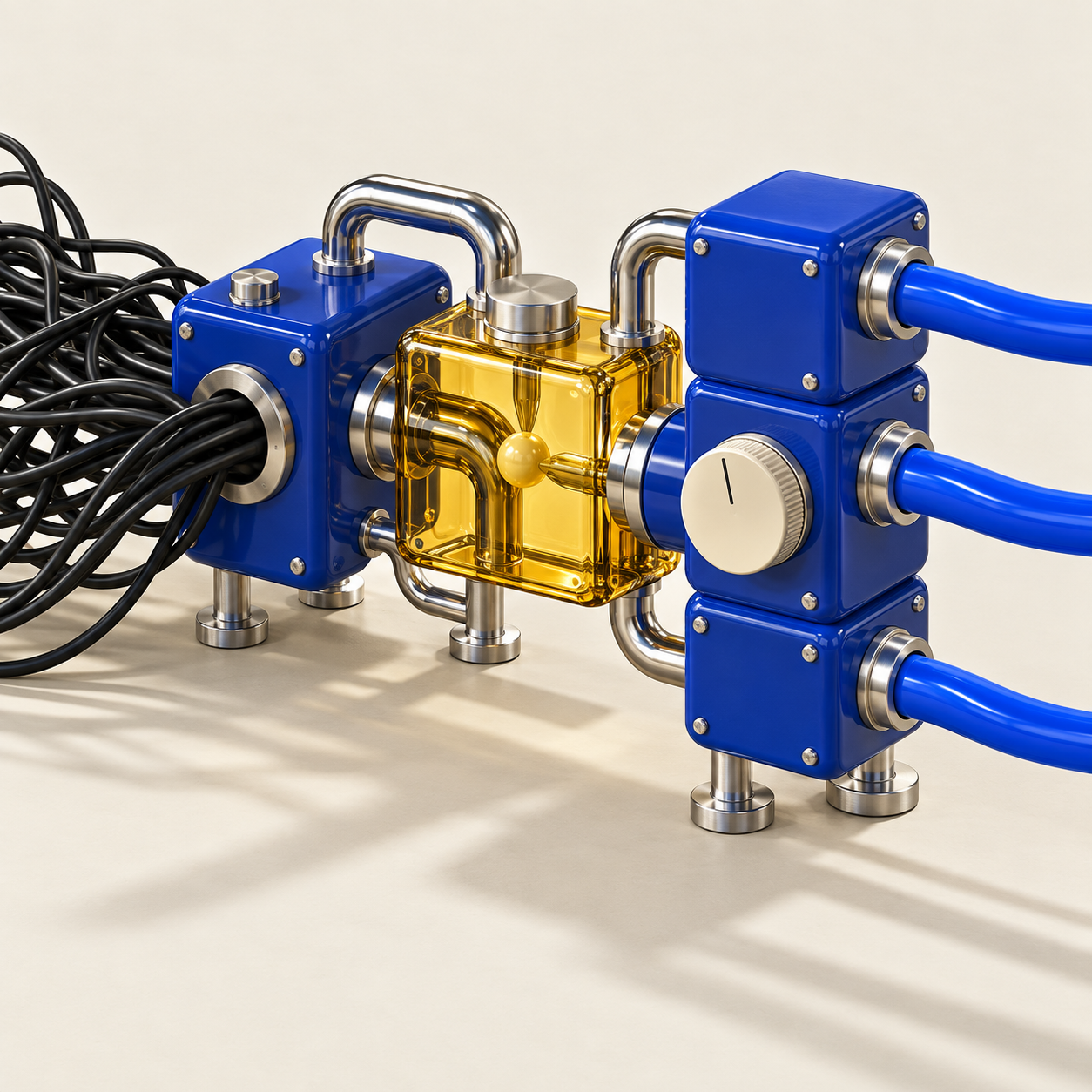 AI-generated editorial sculpture of cobalt modules, chrome pipes and an amber decision block turning tangled inputs into organized connections